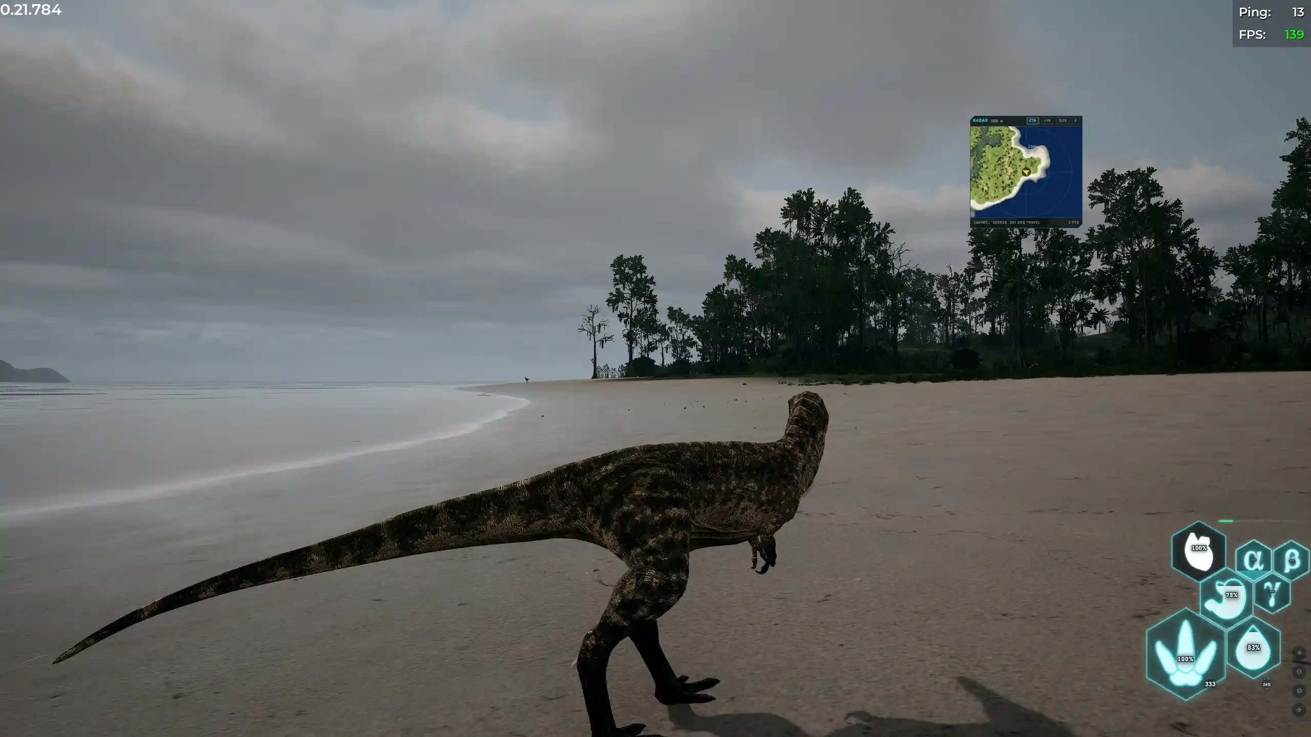 The overlay's dashboard open over a live game. Behind it, a first person view of an Austroraptor on a beach with a radar in the corner, a ping of 18 and 133 frames per second; across the top, a bar saying the overlay has the mouse and that F8 or Esc gives it back to the game. The dashboard's tabs read status, map, garage, shop, skins, feed, news, inbox and settings, and garage is the open one: “4 / 5 slots”, “your live creature: Tyrannosaurus, 26%”, and four saved creatures each offering restore, queue for join, rename and delete. In motion it opens on the beach with no dashboard on it, the feed tab lists recent kills by time, killer, victim and cause, and the same key closes the dashboard with the beach still there.